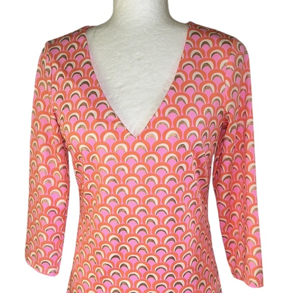 JB by Julie Brown Pink Orange Metallic Gold Geometric Print V-Neck Mini Dress  S - Picture 3 of 12